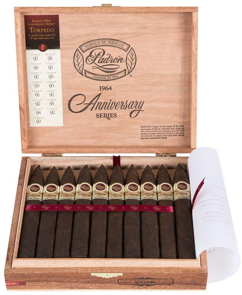 Padron 1964 Anniversary Series Torpedo Maduro Cigars 20Ct. Box, opened wooden box with 20 dark Maduro cigars neatly arranged and a ribbon, with a certificate inside.