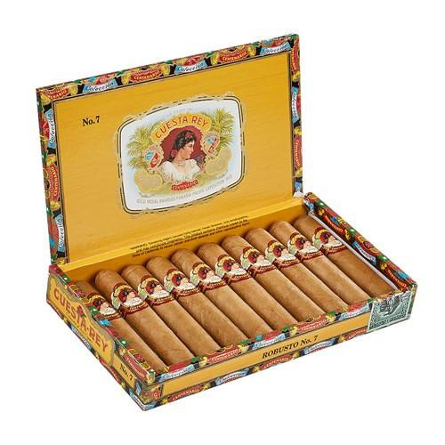 Cuesta-Rey Centenario Robusto #7 Cigars 10Ct. Box, a colorful open cigar box containing ten cigars with ornate bands, decorative interior and vintage branding.