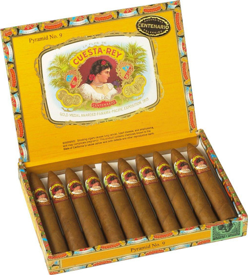 Cuesta-Rey Centenario Pyramid #9 Cigars 10 Ct. Box, image showing an open cigar box with ten cigars inside and colorful, vintage-style packaging and branding.
