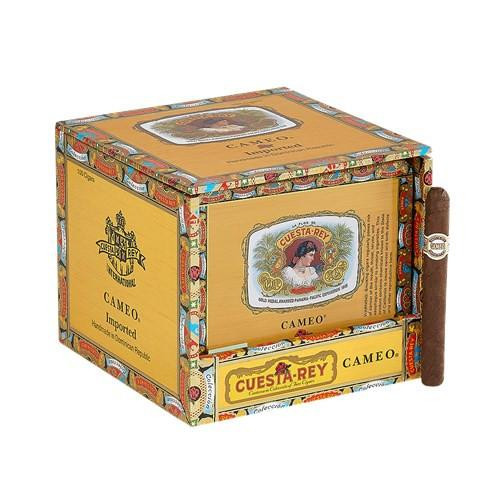 Cuesta-Rey Centenario Cameo Cigarillos 100Ct. Box, a colorful cigarillos box featuring vintage artwork and a single cigarillo placed alongside it.