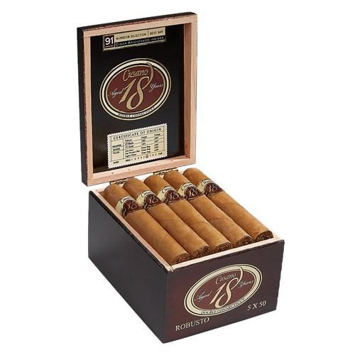 Cusano 18 Robusto Connecticut Cigars 18Ct. Box, open box with 18 cigars neatly arranged inside.