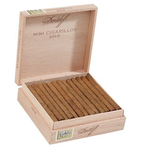 Davidoff Minis Mini Cigarillos Gold 50Ct. Box, wooden box containing 50 small cigarillos neatly arranged.