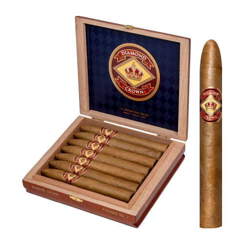 Diamond Crown Pyramid No. 7 Cigars 15Ct. Box, open wooden cigar box with ten cigars inside and one cigar outside, featuring the Diamond Crown logo on each cigar and on the box lid.