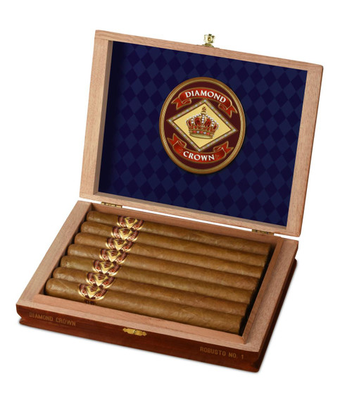 Diamond Crown Robusto No. 1 Cigars 15Ct. Box, open wooden cigar box with ten cigars inside and a blue interior lining featuring the Diamond Crown logo with a crown and diamond design.
