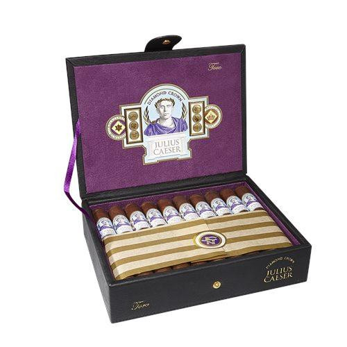 Diamond Crown Julius Caeser Toro Cigars 20Ct. Box, open black presentation box with purple interior, containing twenty cigars with branded bands and Julius Caeser logo on the lid.