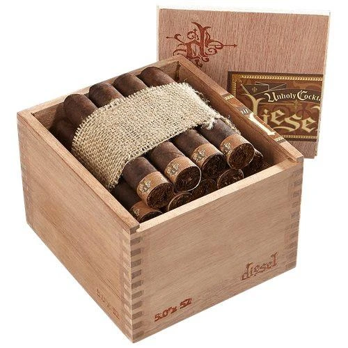 Diesel Robusto Cigars 24Ct. Box, a wooden box containing 24 cigars with a cloth band, partially covered by a burlap wrap, with the box lid open showing the cigars inside.