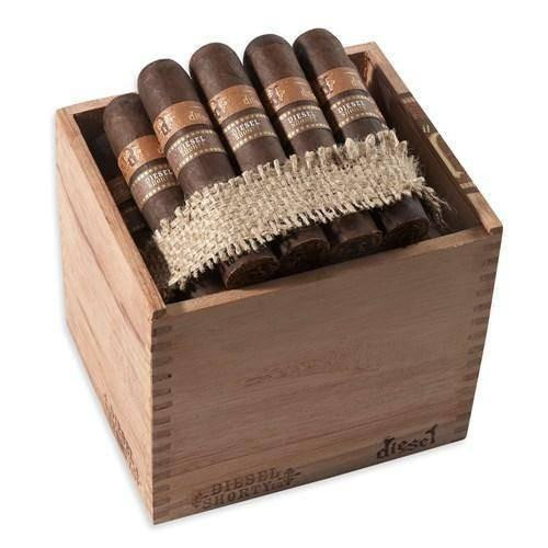 Diesel Shorty Cigars 24Ct. Box, image showing a wooden box containing six cigars with a fabric band, arranged in a row for display.