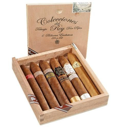 Tatuaje Colecciones Del Rey Belicoso Cigars Sampler 6Ct. Box, a wooden box containing six assorted cigars with varied sizes and band designs.