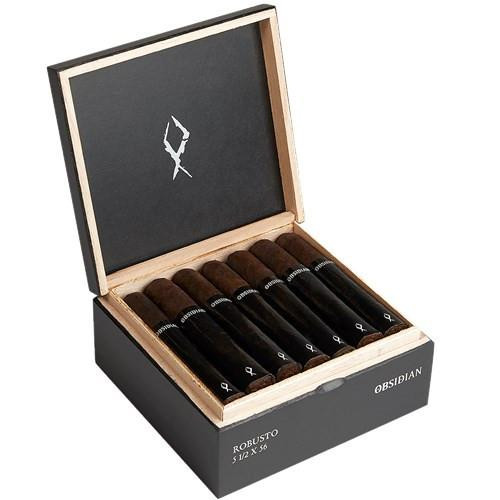 Obsidian Robusto Cigars 20Ct. Box, a black and wooden cigar box open to reveal 20 dark brown cigars with black bands inside a sleek, elegant packaging