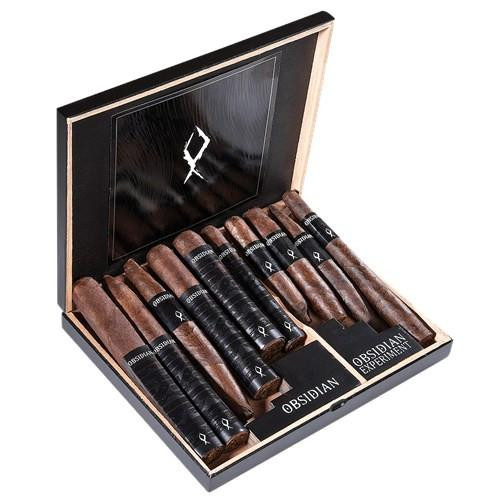 Obsidian 'The Experiment' Cigars Sampler 10Ct. Box, wooden cigar box with ten assorted cigars neatly arranged inside, black interior with smoker's logo on the lid.
