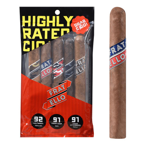 Fratello Cigars Sampler 5Ct. Pack, image of five cigars inside a sealed packaging with colorful branding and ratings on the front.