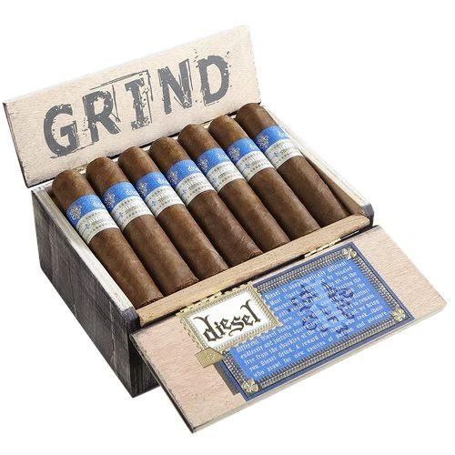 Diesel Grind Robusto Cigars 20Ct. Box, an open wooden cigar box containing ten premium cigars with blue and white bands, and the word 'GRIND' printed on the inside lid of the box.