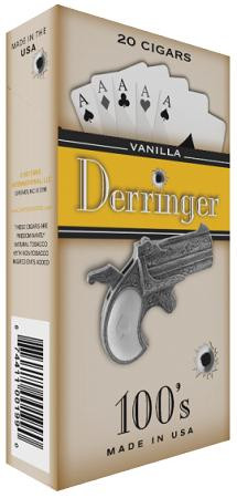 Cheyenne International Derringer Filtered Cigars Vanilla, packaging of 20 cigars with a vintage pistol illustration and playing cards on the box.