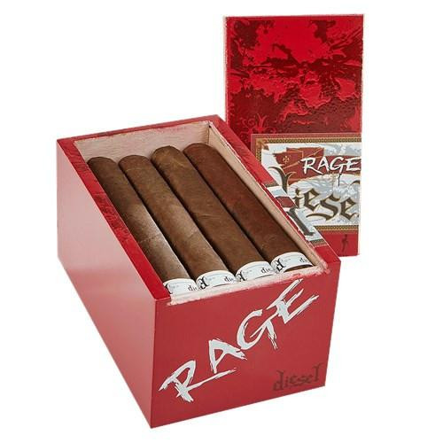 Diesel Rage Toro Cigars 16Ct. Box, image of a red box containing 16 cigars with a partially open lid showing the cigars inside.