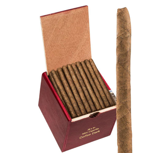 Dolce Vita Minis Mini Cigarillos - Cafe Dark Maduro 100Ct. Box, filled with small, dark brown cigarillos inside a red wooden box, with one cigarillo standing outside the box.