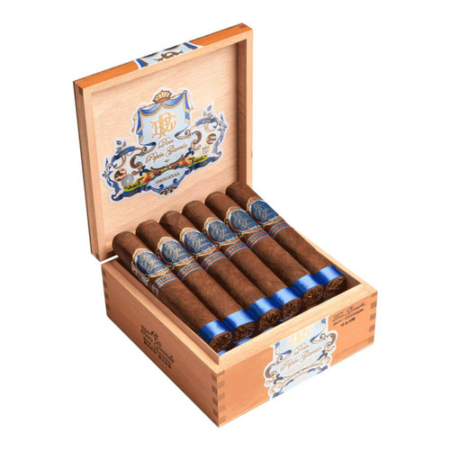 Don Pepin Garcia Blue Toro Grande BP Cigars 18Ct. Box, an open wooden box containing 18 cigars with blue and gold labels, showcasing the premium packaging of these cigars.