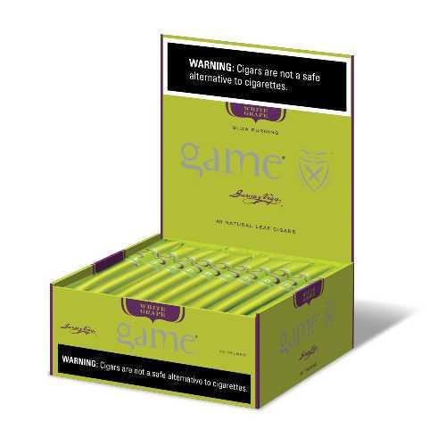 Game Cigars Palma White Grape 40Ct.Box, retail display box of white grape flavored cigars with warning label on the box.
