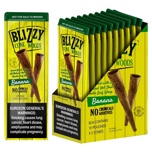 Blizzy Cone Woods Banana, box of 20 king size pre-rolled cones in 10 pouches of 2 cones, with banana flavor, no chemicals or additives, featuring hand rolled hot leaf wrap, suitable for smoking.