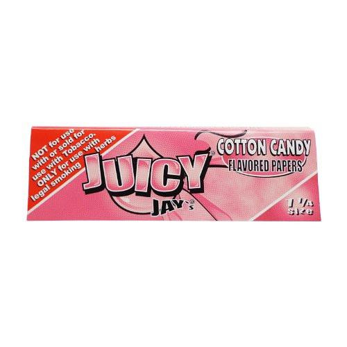 Juicy Jay Rolling Papers Cotton Candy 1 1/4 24Ct, pink flavored rolling papers box with bold Juicy Jay's logo and cotton candy flavor branding.
