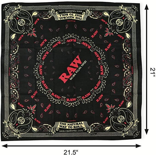 RAW Bandana Black, black bandana with red, white, and beige decorative patterns and the RAW logo in the center.