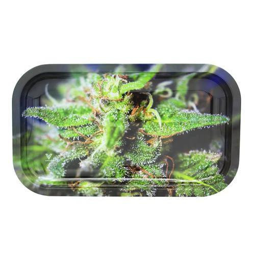 V Syndicate Metal Rolling Tray Small Strains Blue Dream, metal rolling tray featuring a detailed artistic image of Blue Dream cannabis strain with green leaves and buds.