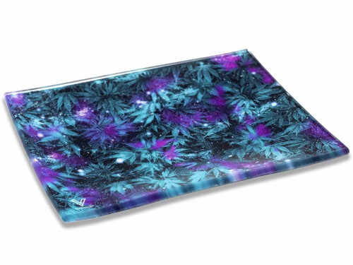 V Syndicate Glass Rolling Tray Small Cosmic Chronic, colorful marijuana leaf and galaxy design on small glass rolling tray.