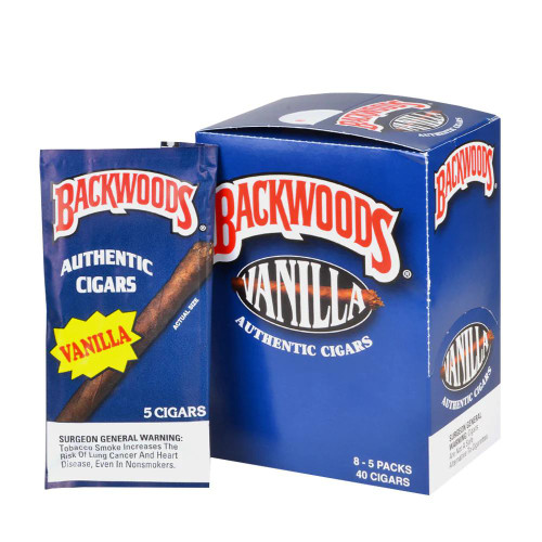 Altadis Backwoods Vanilla Cigars 8/5Ct, box of authentic vanilla flavored cigars with a single cigar pack in front, displaying vanilla flavor label.