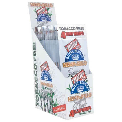 Royal Blunts Hemparillo Hemp Wraps Sugar Cane, product packaging for tobacco-free hemp wraps with four sugar cane flavored wraps in a display box.