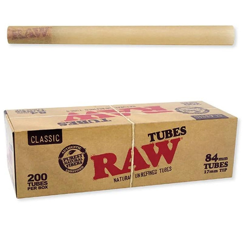 RAW Classic Cigarette Tubes 84mm 200Ct, unopened box of natural unrefined cigarette tubes with a single tube above the box.