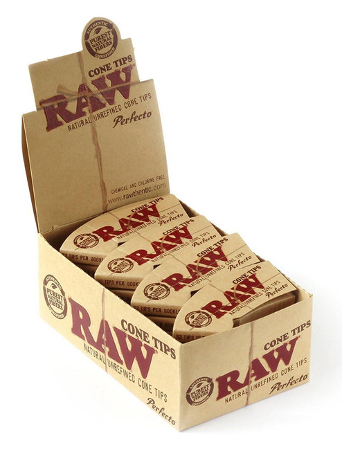 RAW Cone Tips Perfecto 24Ct, display of natural unrefined cone tips in a cardboard box for rolling.