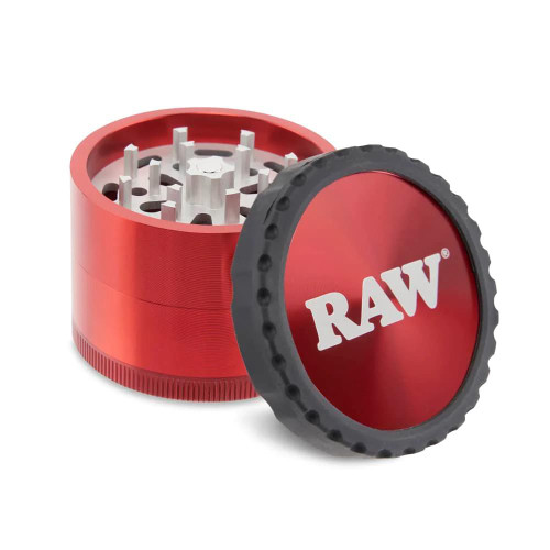 RAW LIFE Grinder Modular Rebuildable Grinder Red, close-up view of the red and black rebuildable grinder with the RAW logo on the lid.