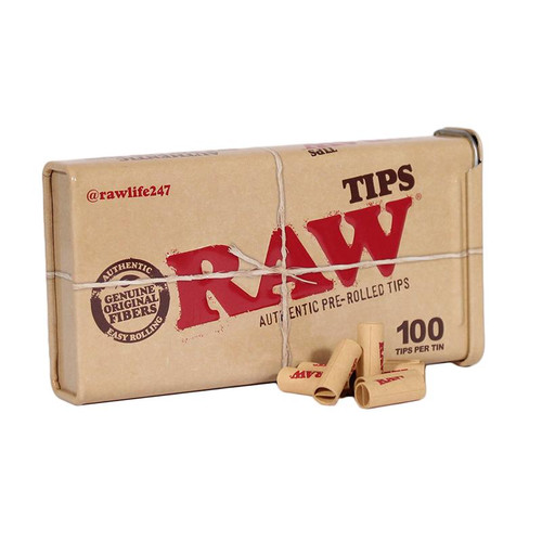 RAW Classic Pre-Roll Tips 1ct/100Ct Tin, image of a box containing pre-rolled tips and a few tips outside the box for rolling