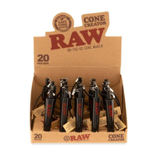 RAW Classic Cone Creator 20ct, on-the-go cone making kit with black plastic cone molds and lanyards in a cardboard display box.