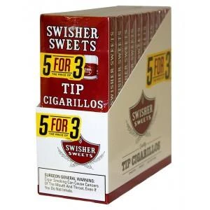 Swisher International Swisher Sweets Tip Cigarillo Pack 5FOR3 10/5, box of cigarillos with red, white, and yellow packaging design.