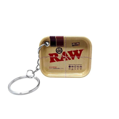 RAW Tiny Rolling Tray Key Chain, small portable tray with RAW logo and key ring for convenient carrying.