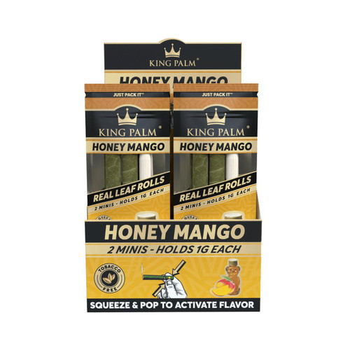King Palm Honey Mango Minis Rolls, product featuring two packs of real leaf wraps with honey mango flavor, each holds 1 gram, for natural and tobacco-free smoking experience.
