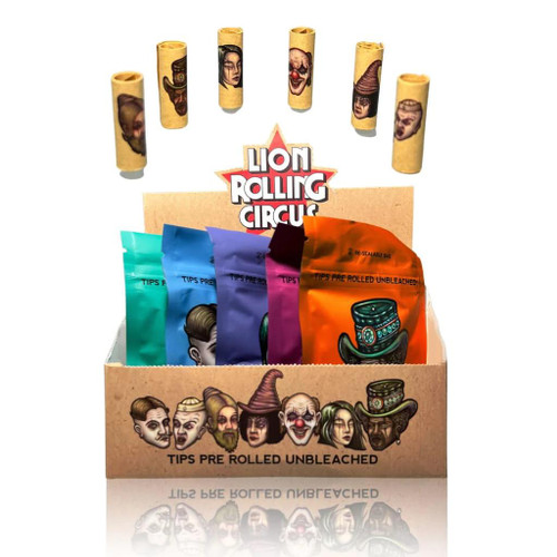Lion Rolling Circus Pre-Roll Tips 55ct, a product display of pre-rolled tips in colorful packaging with cartoon clown characters, suitable for rolling cigars or joints.