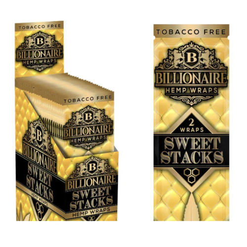 Billionaire Hemp Wraps 25/2ct, image of a box and pack of tobacco-free hemp wraps with gold and black packaging design.