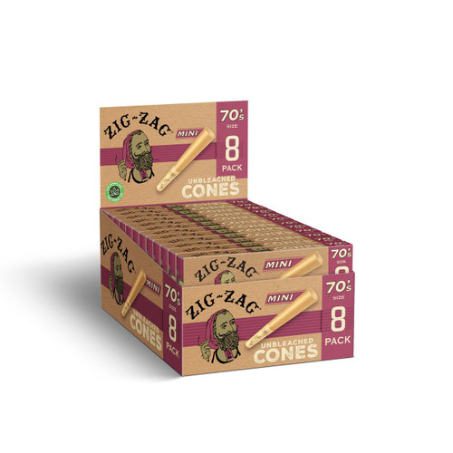 Zig Zag Unbleached Cones 70'smm 8ct, Package of 8 mini unbleached cones with colorful packaging and illustration of a man with a beard.