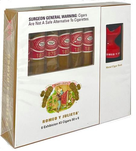 Romeo Y Julieta Cigars 1875 Exhibition #3 Cigar Sampler with Cigar Rest, featuring 6 packs of cigars and a metal cigar rest in the packaging.