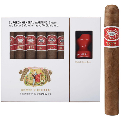 Romeo Y Julieta Cigars 1875 Exhibition #3 Cigar Sampler with Cigar Rest, featuring six Romeo y Julieta #3 cigars in a display box with a metal cigar rest.