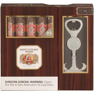 Saint Luis Reyes Cigar Sampler 5ct with Bottle Opener, product packaging showing five cigars and a metal bottle opener.