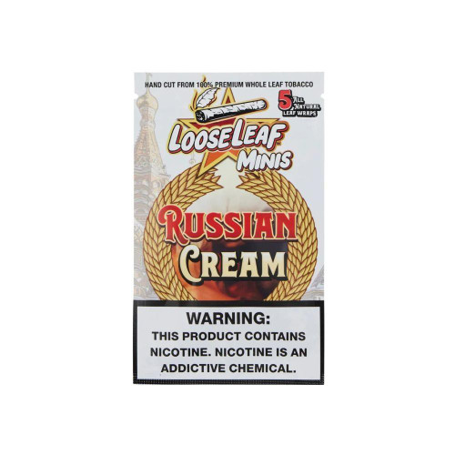 Loose Leaf Premium Whole Leaf 8 Packs of 5, product packaging featuring Russian Cream flavor, hand-cut tobacco with natural leaf wraps, warning label about nicotine content.