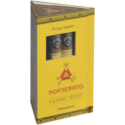 Montecristo Core 6 Ct. Sampler, yellow and black cigar sampler box with window showing six cigars.