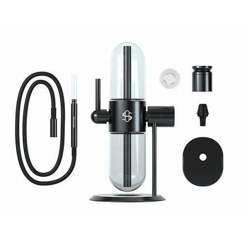 StӓndenGlass Gravity Infuser, image showing the unassembled components including the glass gravity infuser, black stand, accessories, and cleaning tools.