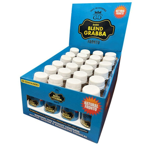GG Dark Blend Crush - Fronto 24CT, display of 24 small bottles of dark blend fronto tobacco in a blue retail box.