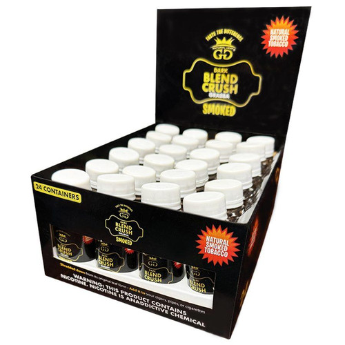 GG Dark Blend Crush - Smoked 24CT, product image showing a display box with 24 small bottles of smoked tobacco, black packaging with yellow and red labels.