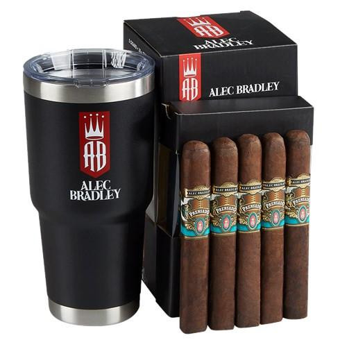 Alec Bradley Cigars Champions Cup Combo Sampler, featuring a black insulated tumbler with the Alec Bradley logo and a set of five premium cigars with colorful bands in a black box.