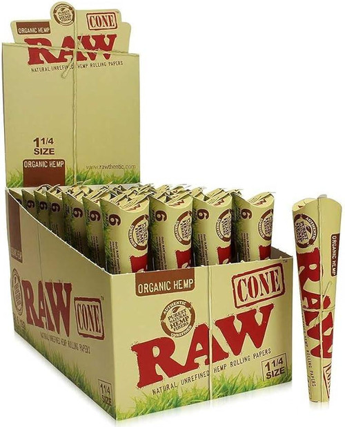 RAW Raw Organic Hemp Cones 1 1/4 32 Packs, display of organic hemp rolling cones in a cardboard box with multiple cones arranged inside.