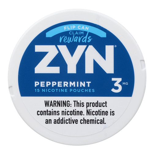 Zyn Nicotine Pouches Peppermint 3 Mg 15/5 Tins, a round white container with blue label displaying product name, flavor, nicotine strength, and a health warning.